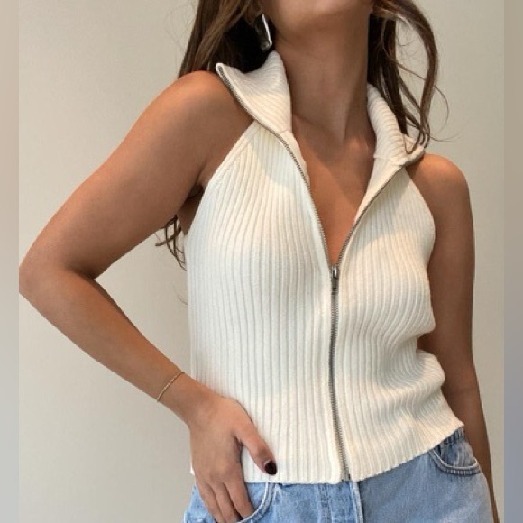 Tops - White Knot Zip Up Halter Top Sweater